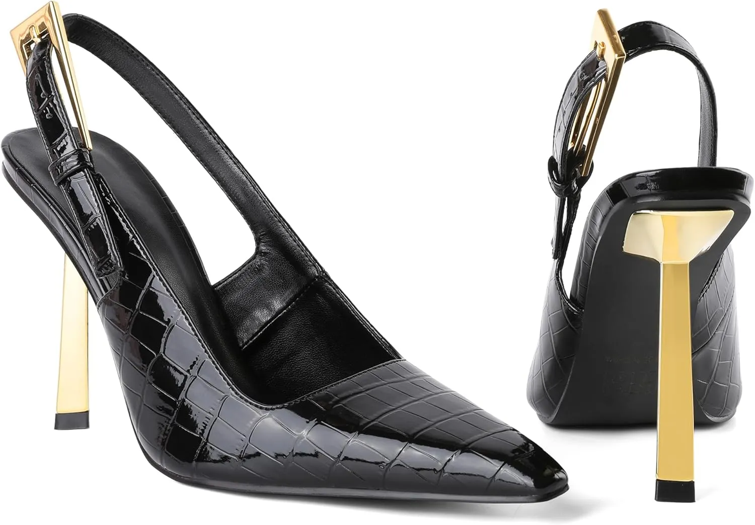Eldof Slingback Heels for Women Metallic Buckle Square Toe Slip On Gold Stilettos High Heel Pumps Shoes Dressy 4 Inches
