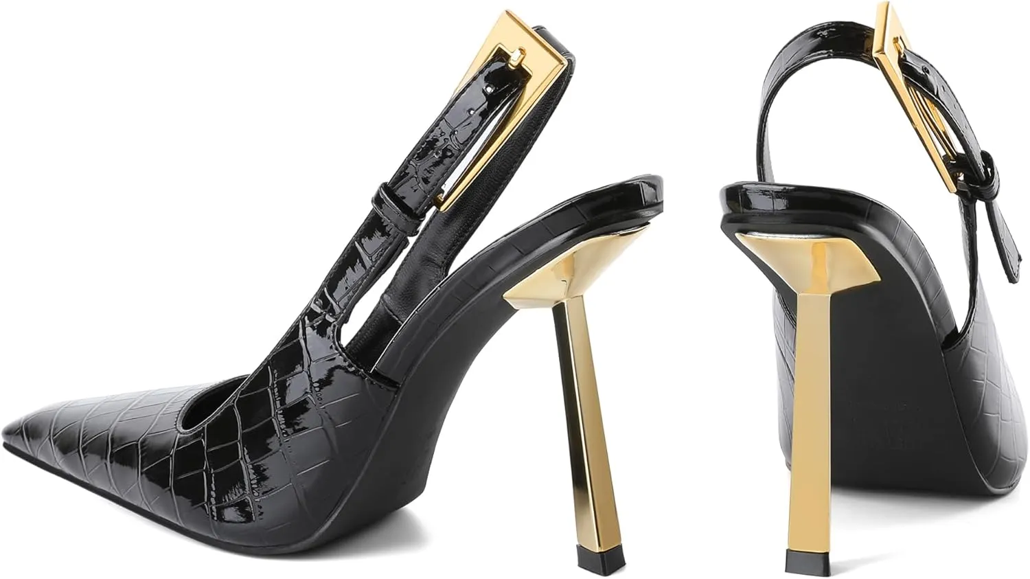 Eldof Slingback Heels for Women Metallic Buckle Square Toe Slip On Gold Stilettos High Heel Pumps Shoes Dressy 4 Inches