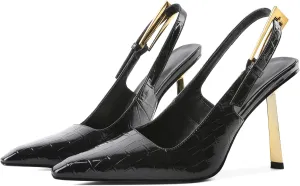Eldof Slingback Heels for Women Metallic Buckle Square Toe Slip On Gold Stilettos High Heel Pumps Shoes Dressy 4 Inches