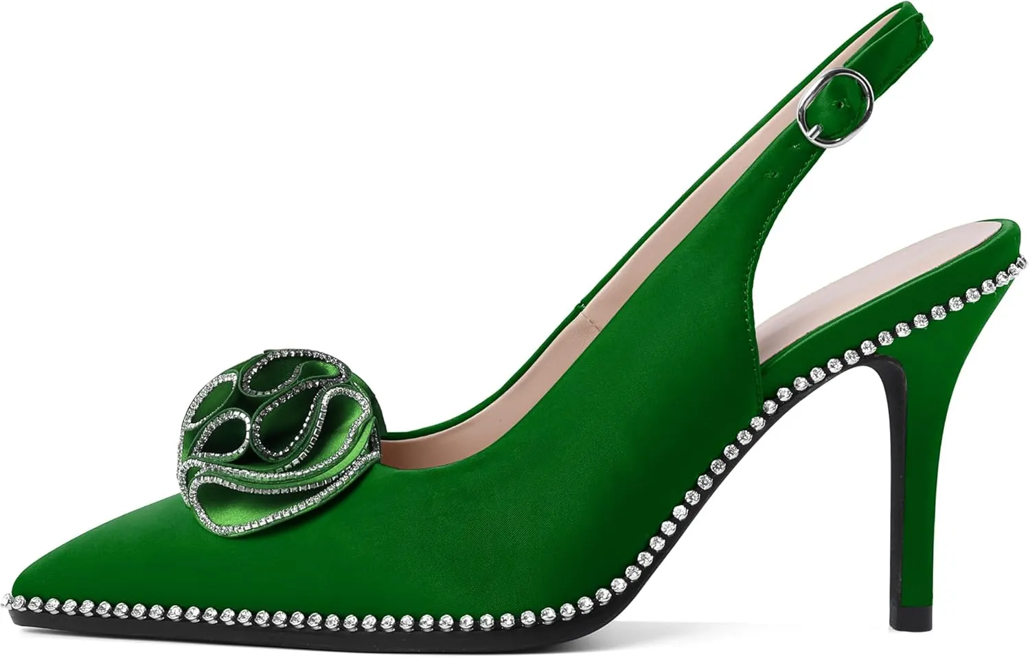 Eldof Women Slingback Heels Beaded Rhinestone Pointed Toe Flower Bow High Heel Pumps Shoes 3.5 Inches