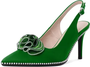 Eldof Women Slingback Heels Beaded Rhinestone Pointed Toe Flower Bow High Heel Pumps Shoes 3.5 Inches