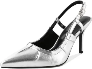 Eldof Women Slingback Heels Studded Eyelet Pointed Toe Slip On Stilettos High Heel Pumps Shoes Dressy 3.5 Inches