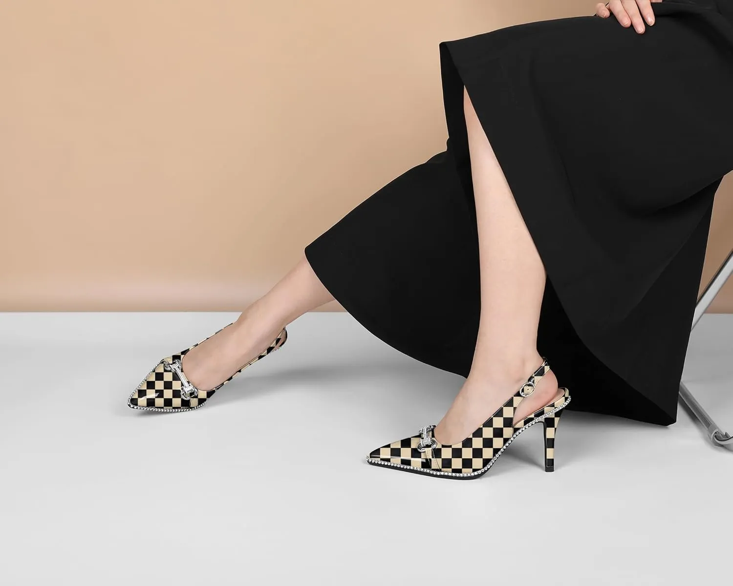 Eldof Women Slingbacks High Heel Pumps Closed Pointed Toe Beaded Rhinestone Slip On Stilettos Dress Pumps Shoes 3.5 Inches