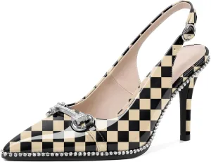 Eldof Women Slingbacks High Heel Pumps Closed Pointed Toe Beaded Rhinestone Slip On Stilettos Dress Pumps Shoes 3.5 Inches
