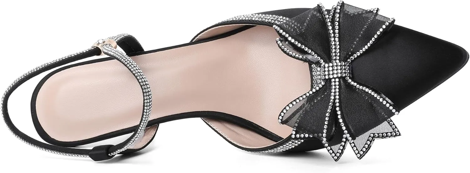 Eldof Women's Heels with Bow Sparkly Rhinestone Closed Pointed Toe Ankle Strap Stiletto Heel Pumps 3 Inches