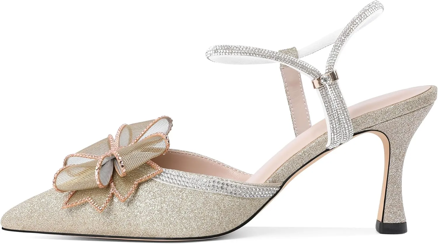 Eldof Women's Heels with Bow Sparkly Rhinestone Closed Pointed Toe Ankle Strap Stiletto Heel Pumps 3 Inches