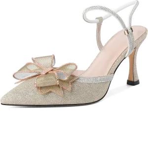 Eldof Women's Heels with Bow Sparkly Rhinestone Closed Pointed Toe Ankle Strap Stiletto Heel Pumps 3 Inches
