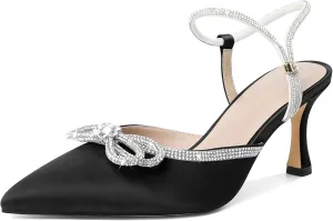 Eldof Women's Heels with Bow Sparkly Rhinestone Closed Pointed Toe Ankle Strap Stiletto Heel Pumps 3 Inches