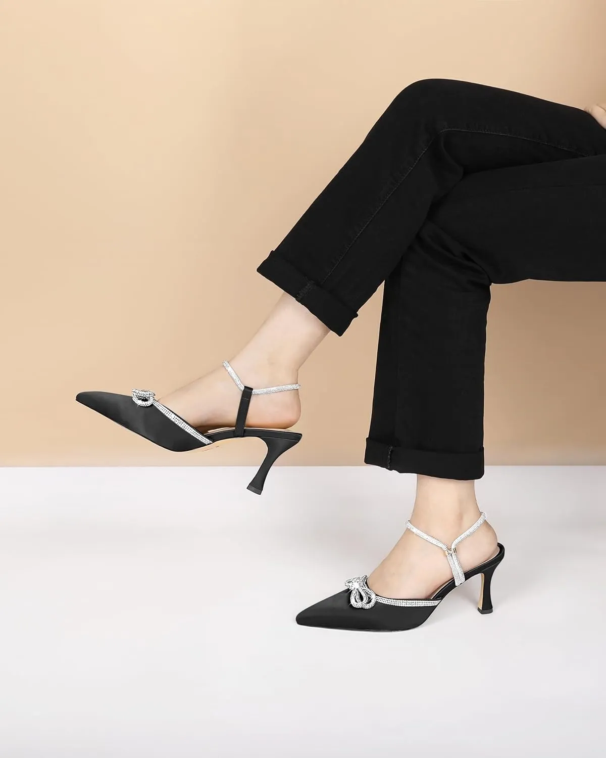 Eldof Women's Heels with Bow Sparkly Rhinestone Closed Pointed Toe Ankle Strap Stiletto Heel Pumps 3 Inches