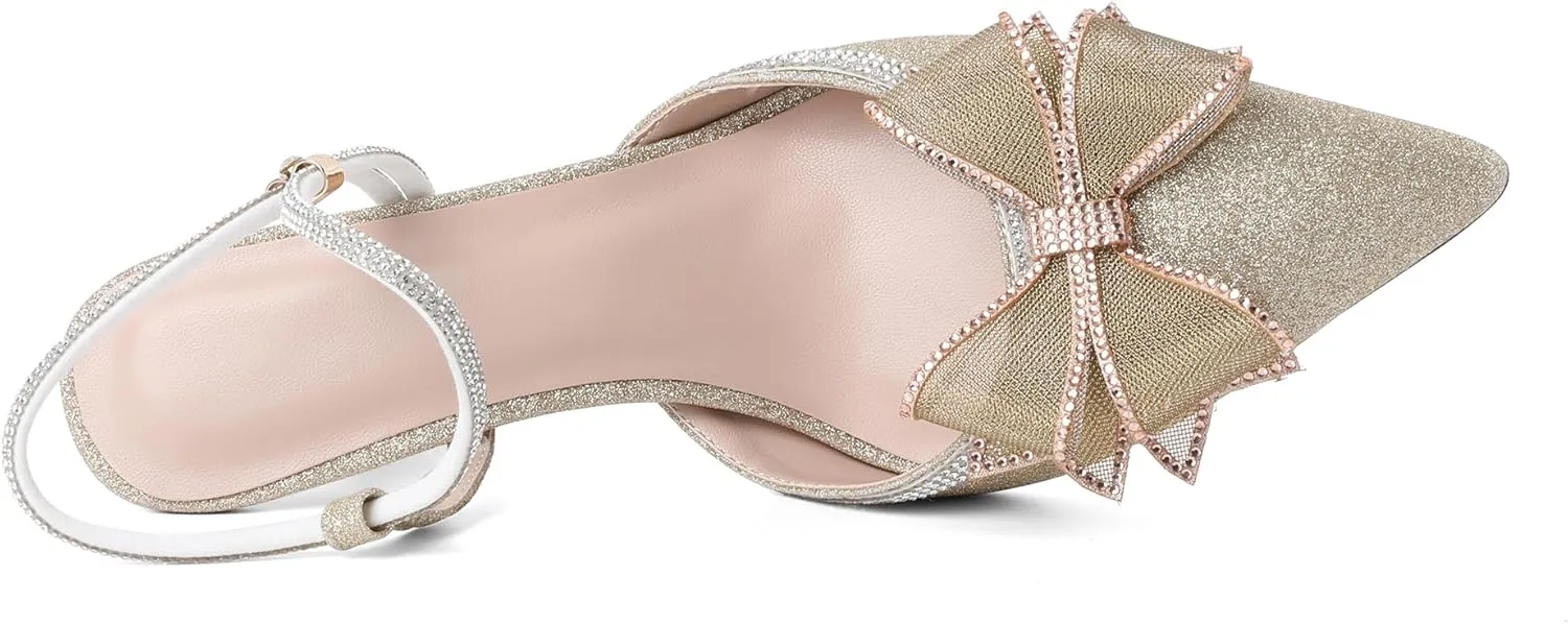 Eldof Women's Heels with Bow Sparkly Rhinestone Closed Pointed Toe Ankle Strap Stiletto Heel Pumps 3 Inches