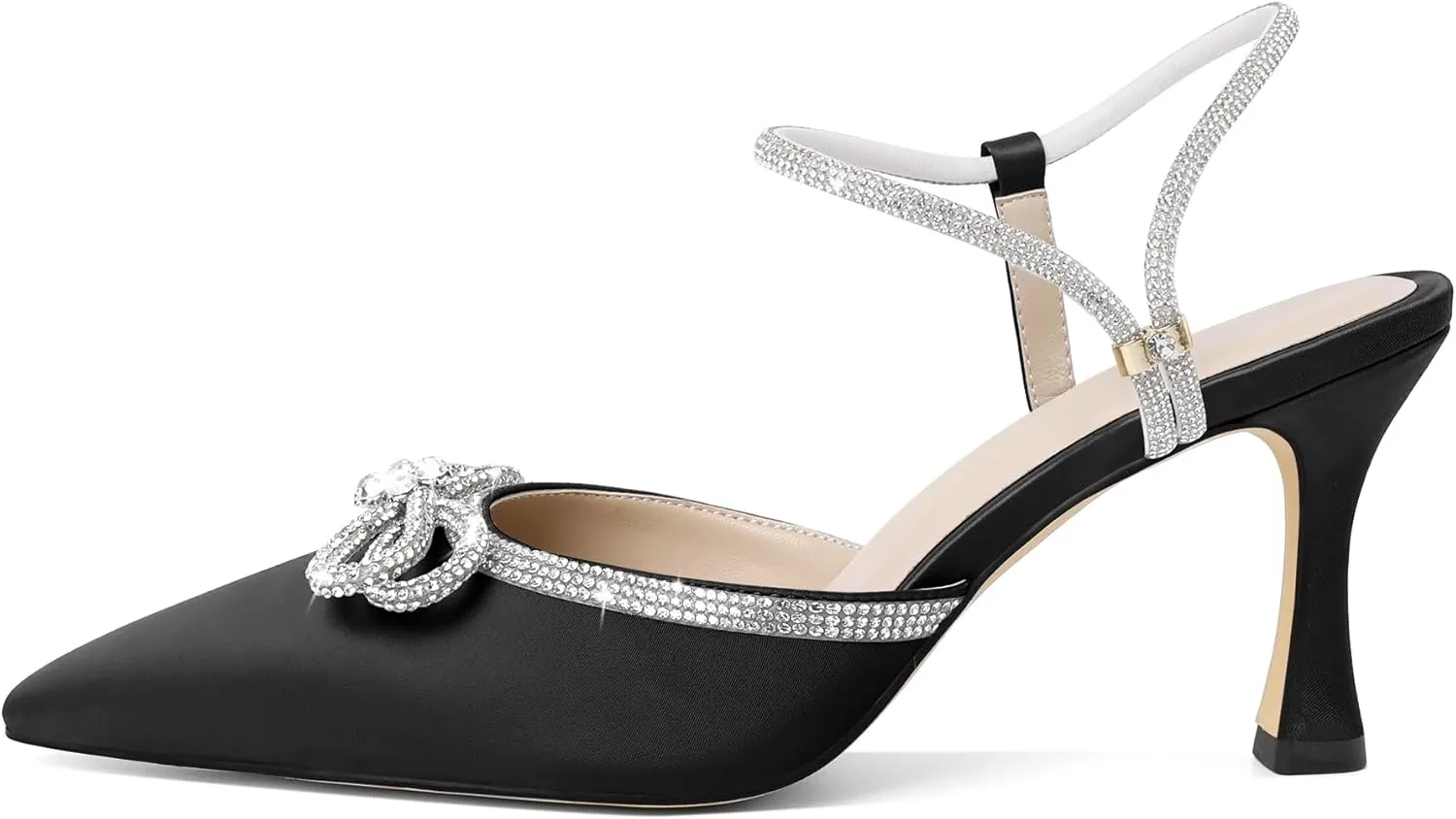 Eldof Women's Heels with Bow Sparkly Rhinestone Closed Pointed Toe Ankle Strap Stiletto Heel Pumps 3 Inches
