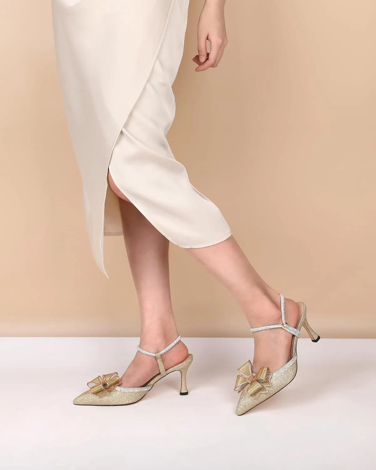 Eldof Women's Heels with Bow Sparkly Rhinestone Closed Pointed Toe Ankle Strap Stiletto Heel Pumps 3 Inches