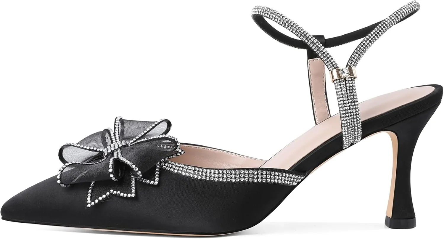 Eldof Women's Heels with Bow Sparkly Rhinestone Closed Pointed Toe Ankle Strap Stiletto Heel Pumps 3 Inches
