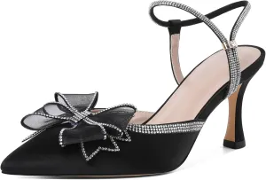 Eldof Women's Heels with Bow Sparkly Rhinestone Closed Pointed Toe Ankle Strap Stiletto Heel Pumps 3 Inches