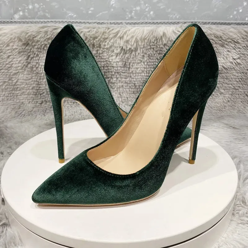 Elegant high quality Dark green velvet women's shoes