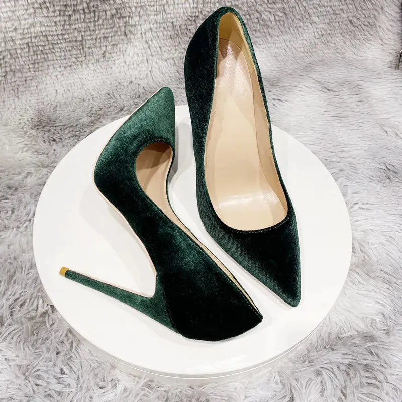 Elegant high quality Dark green velvet women's shoes