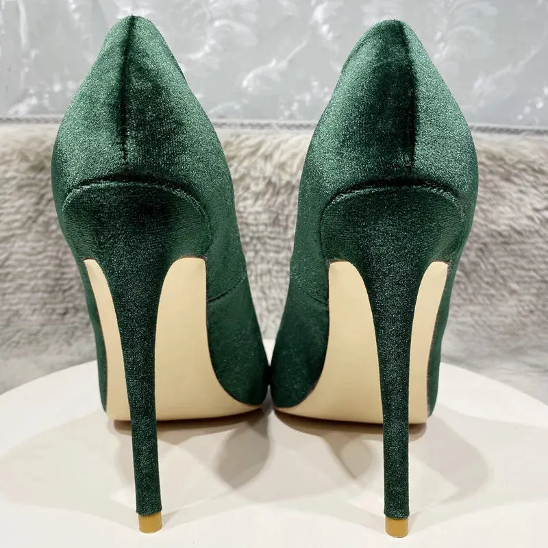 Elegant high quality Dark green velvet women's shoes