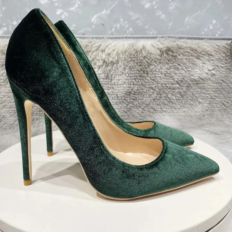 Elegant high quality Dark green velvet women's shoes