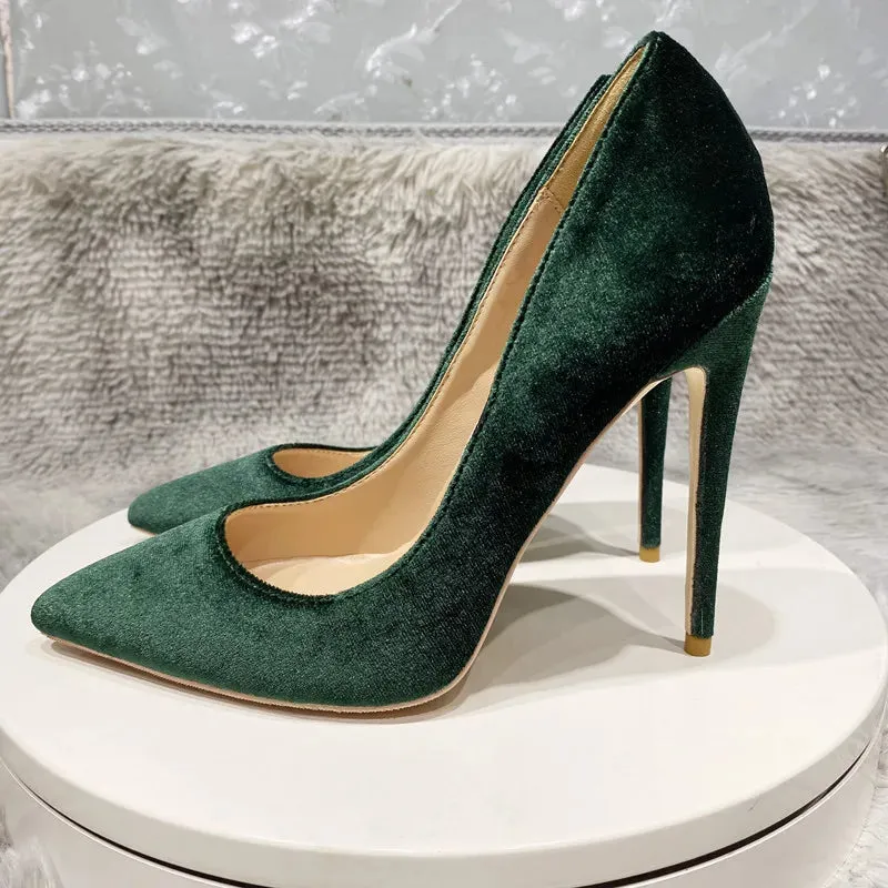 Elegant high quality Dark green velvet women's shoes