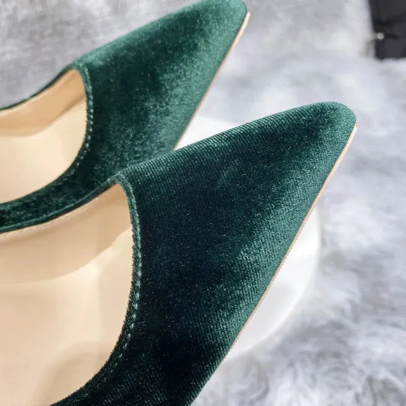 Elegant high quality Dark green velvet women's shoes