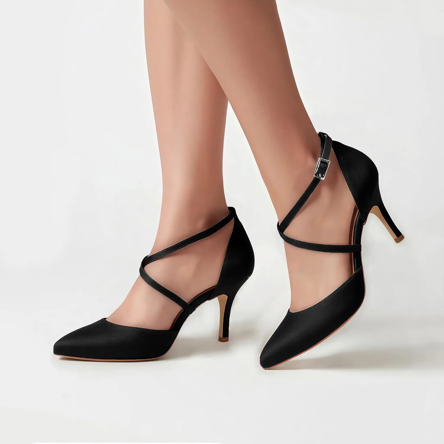 ELEGANTPARK Heels for Women Closed Toe Strappy Pointed High Heel Pumps Satin Pointy Wedding Evening Dress Shoes