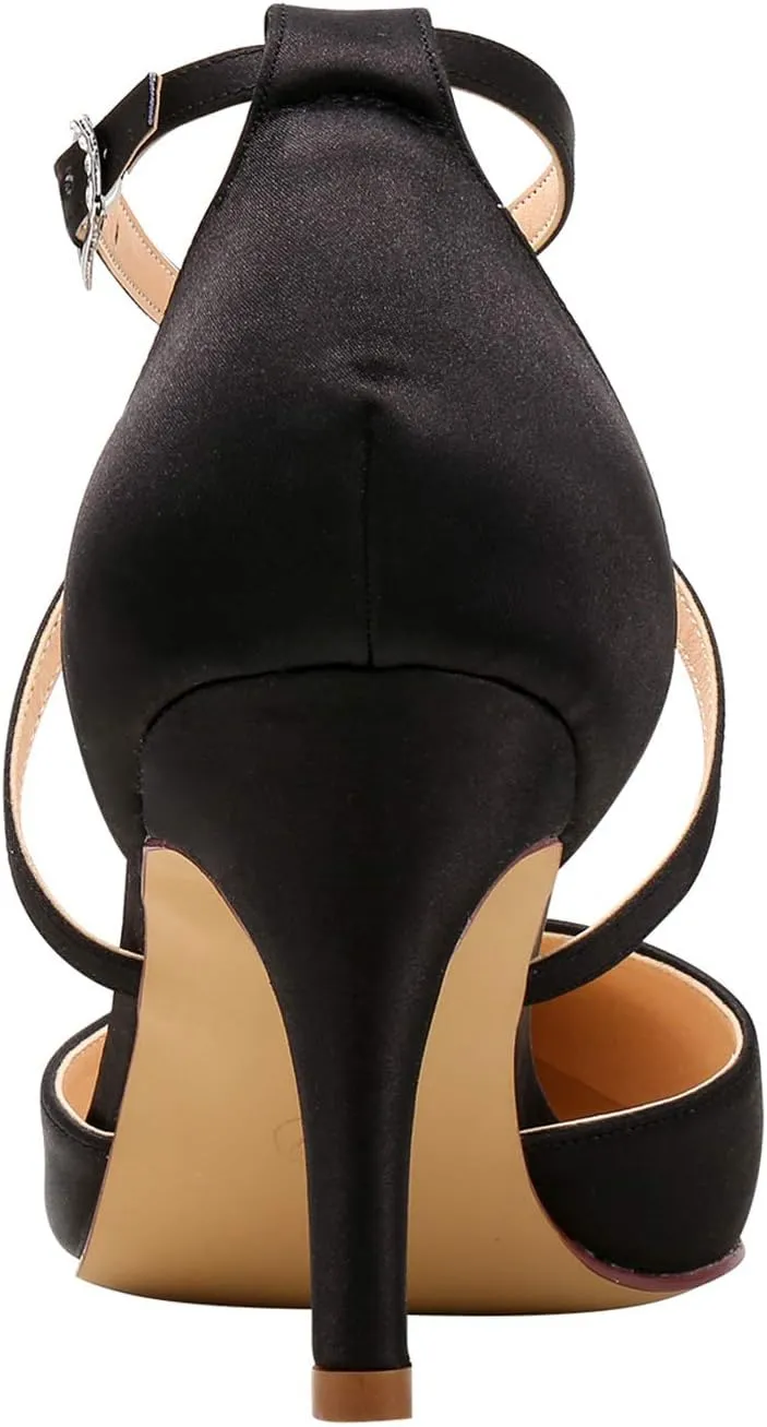 ELEGANTPARK Heels for Women Closed Toe Strappy Pointed High Heel Pumps Satin Pointy Wedding Evening Dress Shoes