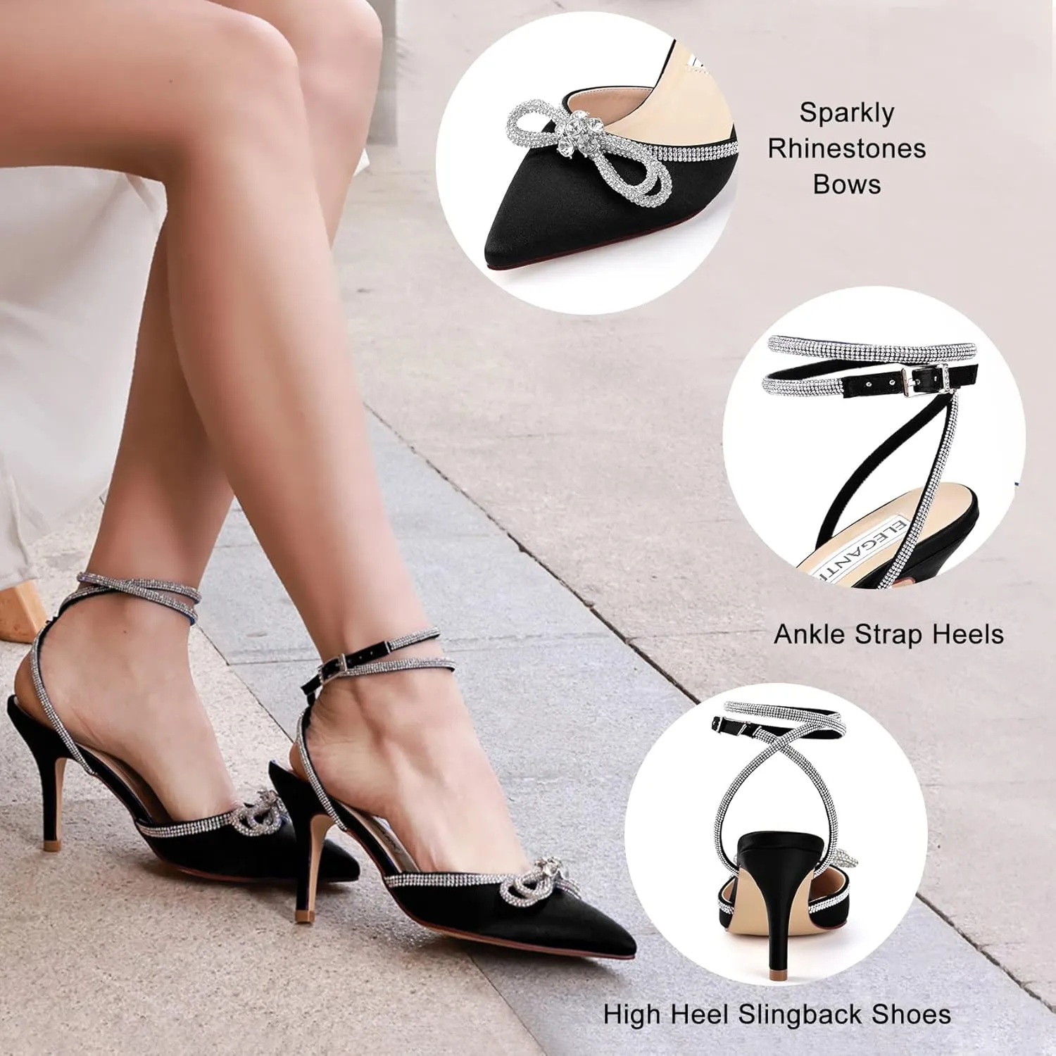 ELEGANTPARK Heels for Women Pointed Closed Toe Shoes Sexy Ankle Strap Rhinestones Bow High Heel Pumps Satin Wedding Evening Prom Dress Shoes