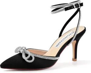 ELEGANTPARK Heels for Women Pointed Closed Toe Shoes Sexy Ankle Strap Rhinestones Bow High Heel Pumps Satin Wedding Evening Prom Dress Shoes