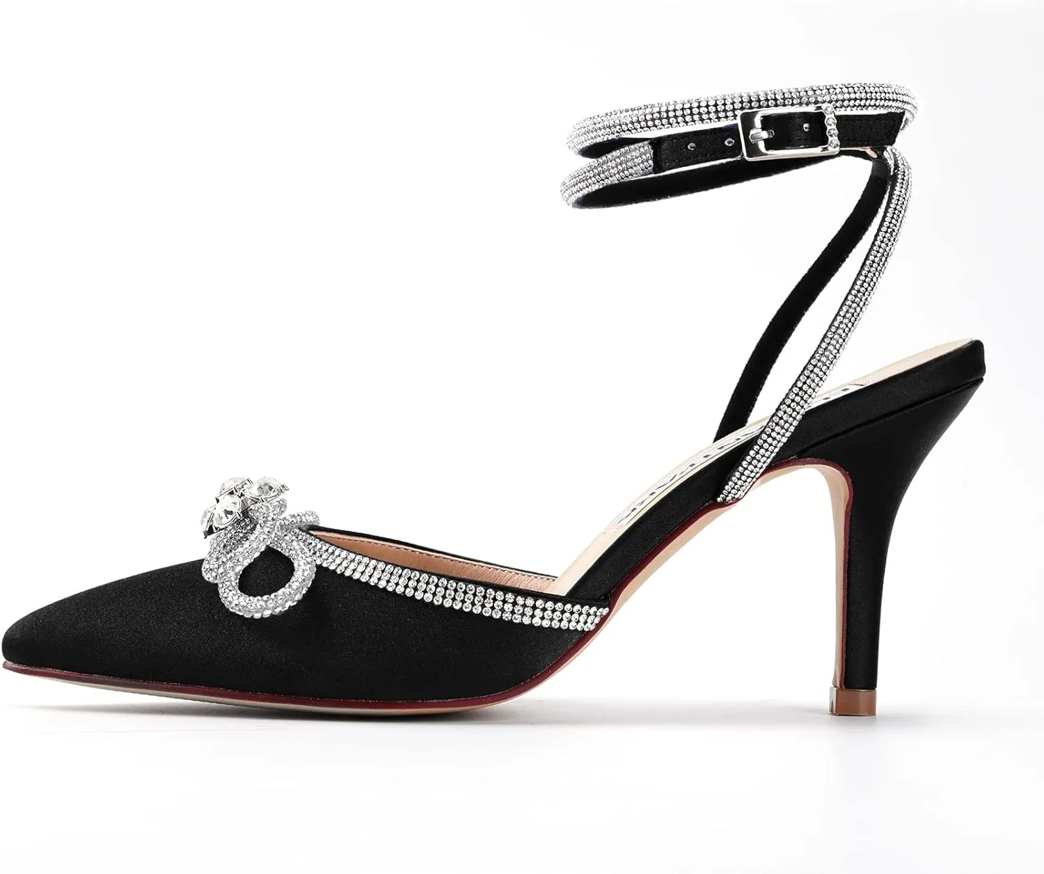 ELEGANTPARK Heels for Women Pointed Closed Toe Shoes Sexy Ankle Strap Rhinestones Bow High Heel Pumps Satin Wedding Evening Prom Dress Shoes
