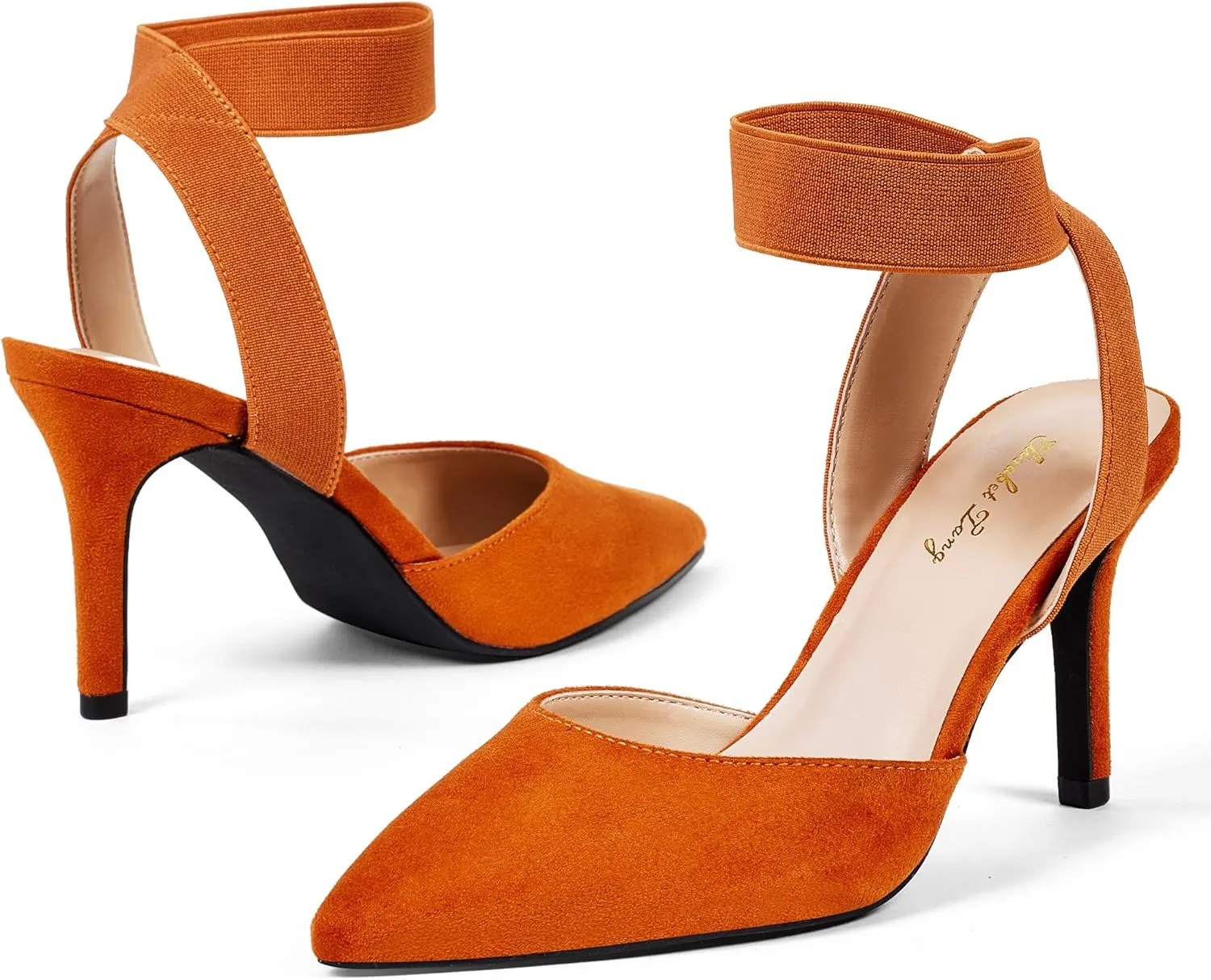 Elisabet Tang 3IN Elastic Bungee Ankle Strap Closed Toe Pumps for Women Suede Pointed Crossing Strappy Mid Heel Stiletto Pumps Sexy