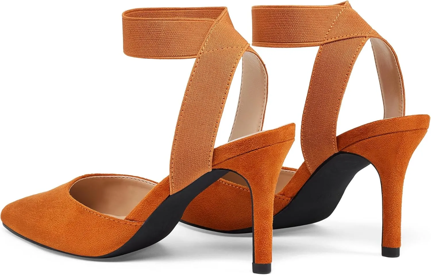Elisabet Tang 3IN Elastic Bungee Ankle Strap Closed Toe Pumps for Women Suede Pointed Crossing Strappy Mid Heel Stiletto Pumps Sexy