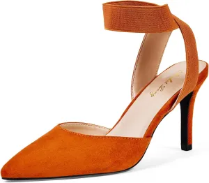 Elisabet Tang 3IN Elastic Bungee Ankle Strap Closed Toe Pumps for Women Suede Pointed Crossing Strappy Mid Heel Stiletto Pumps Sexy