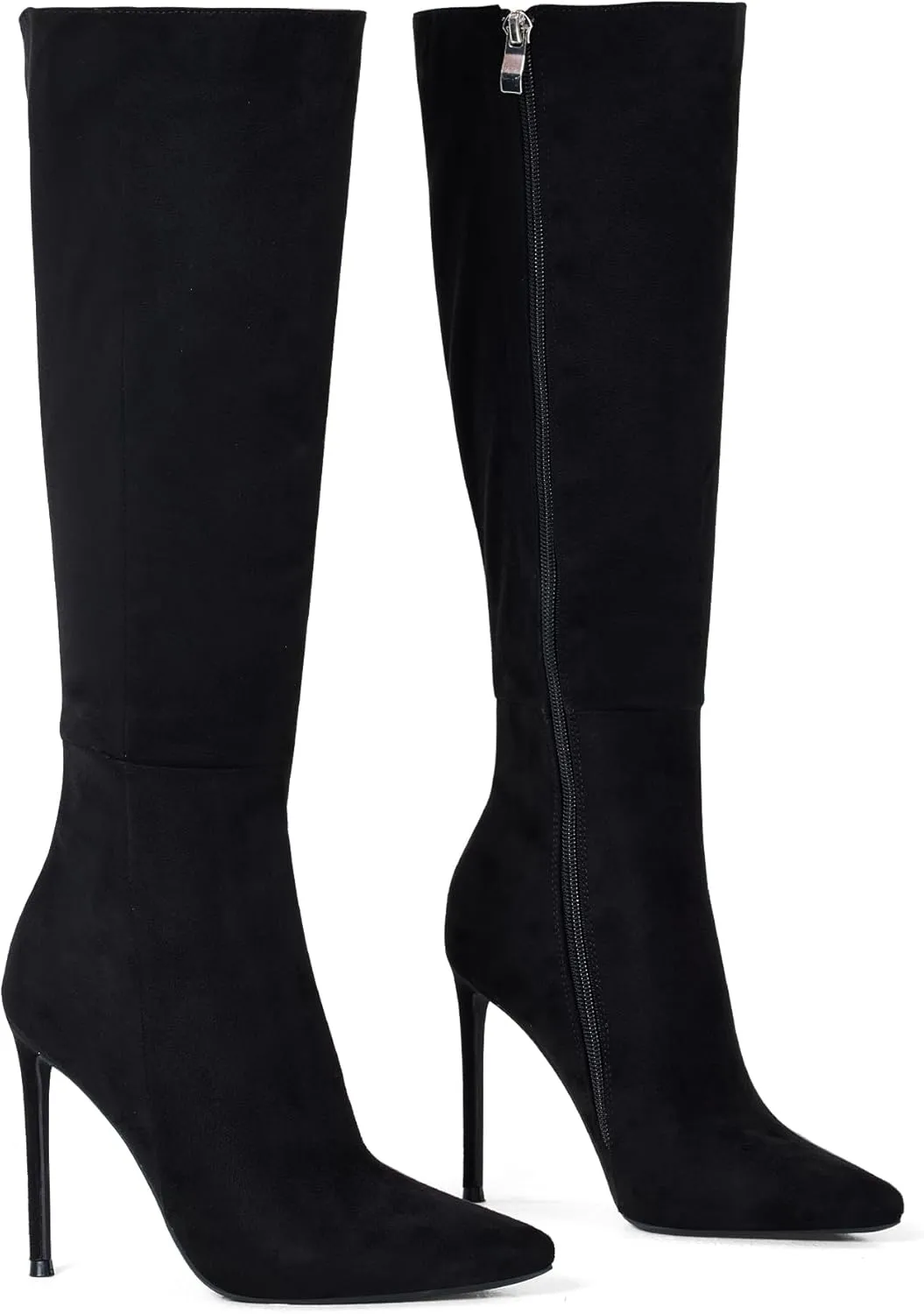 Elisabet Tang 4 inch Women's Knee High Long Boots, Stiletto Tall Pointed Toe Heeled Boot Leather Suede Comfortable Sexy