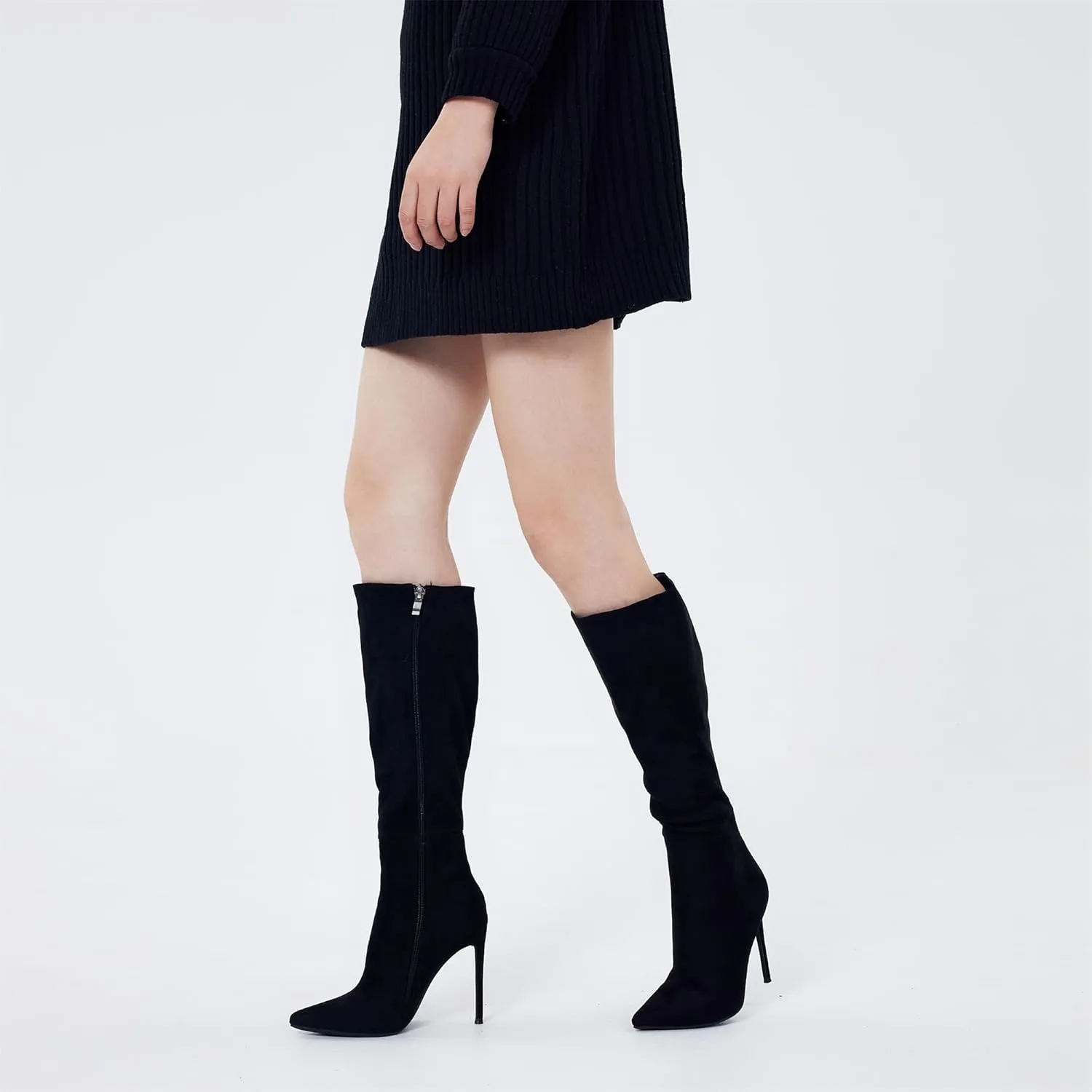 Elisabet Tang 4 inch Women's Knee High Long Boots, Stiletto Tall Pointed Toe Heeled Boot Leather Suede Comfortable Sexy