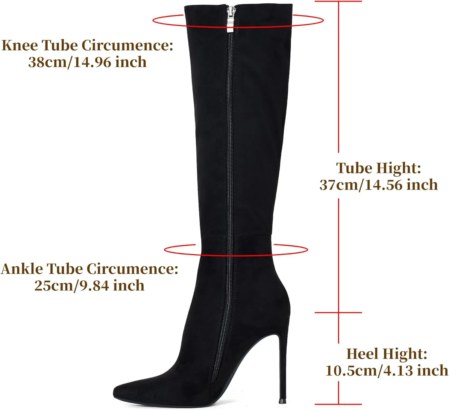 Elisabet Tang 4 inch Women's Knee High Long Boots, Stiletto Tall Pointed Toe Heeled Boot Leather Suede Comfortable Sexy