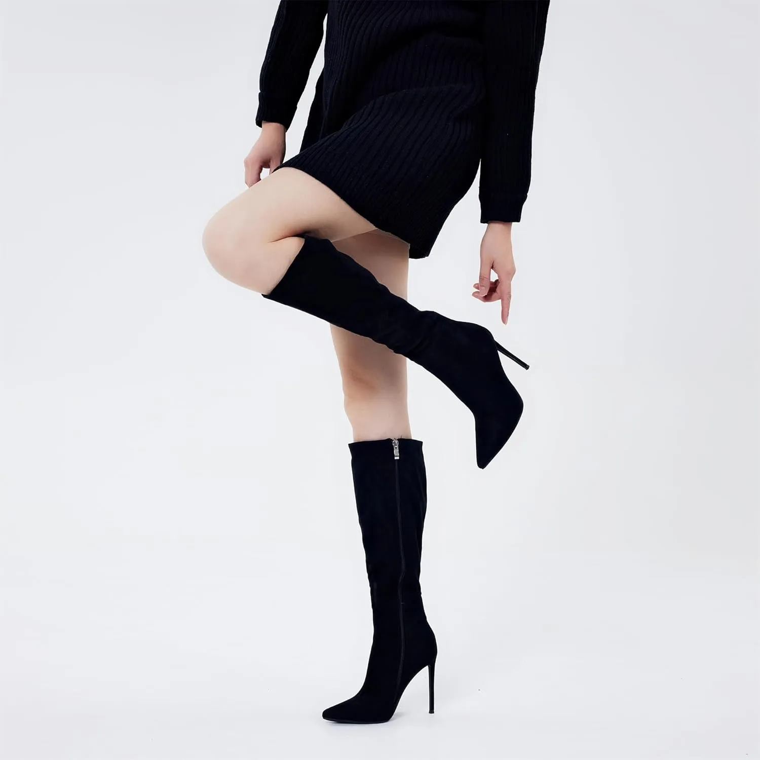 Elisabet Tang 4 inch Women's Knee High Long Boots, Stiletto Tall Pointed Toe Heeled Boot Leather Suede Comfortable Sexy