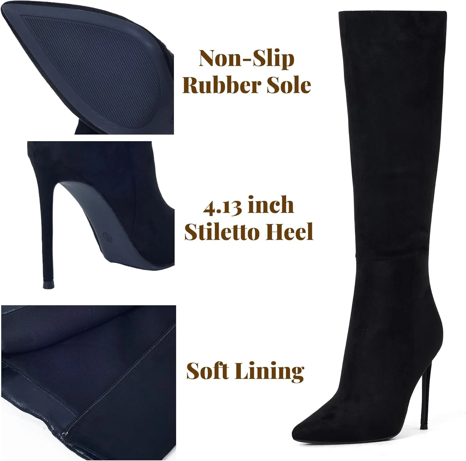 Elisabet Tang 4 inch Women's Knee High Long Boots, Stiletto Tall Pointed Toe Heeled Boot Leather Suede Comfortable Sexy