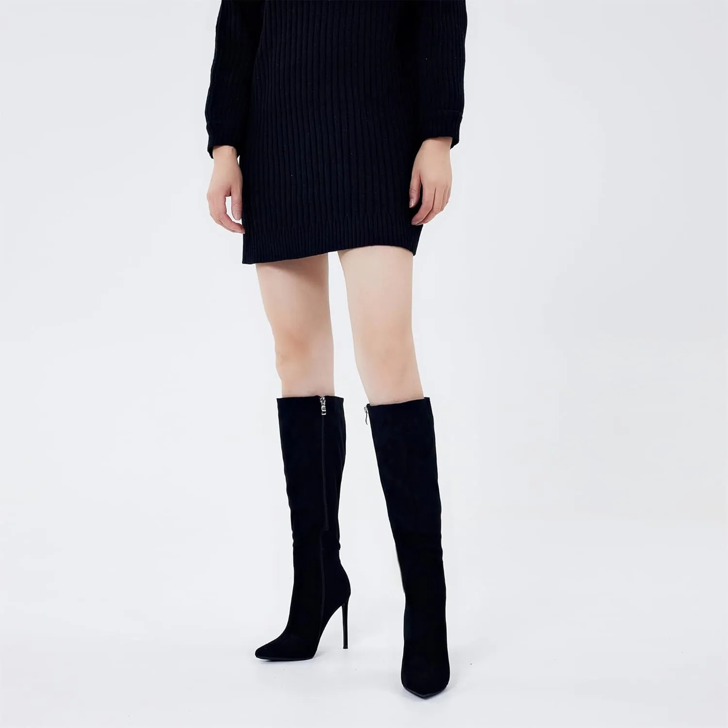 Elisabet Tang 4 inch Women's Knee High Long Boots, Stiletto Tall Pointed Toe Heeled Boot Leather Suede Comfortable Sexy
