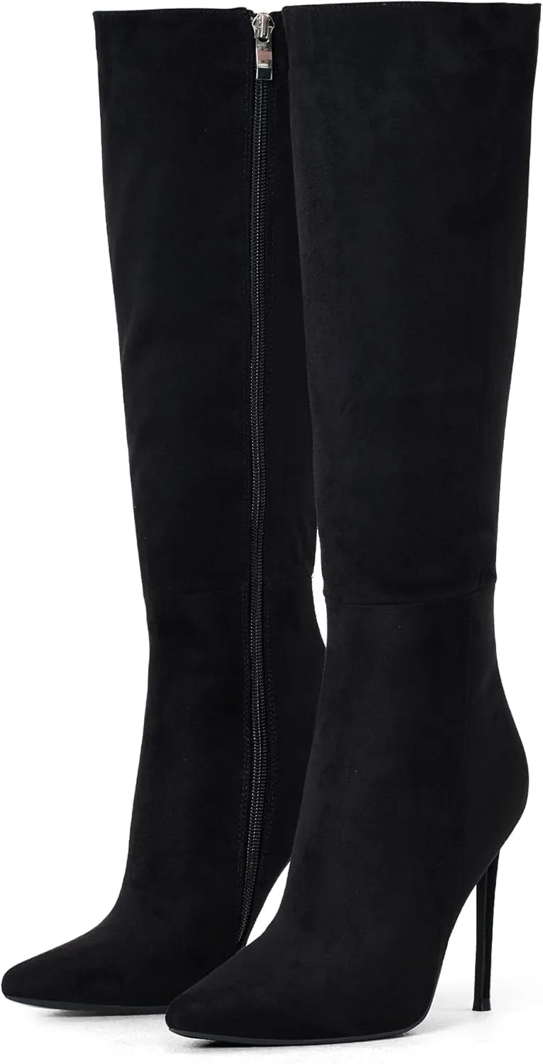 Elisabet Tang 4 inch Women's Knee High Long Boots, Stiletto Tall Pointed Toe Heeled Boot Leather Suede Comfortable Sexy
