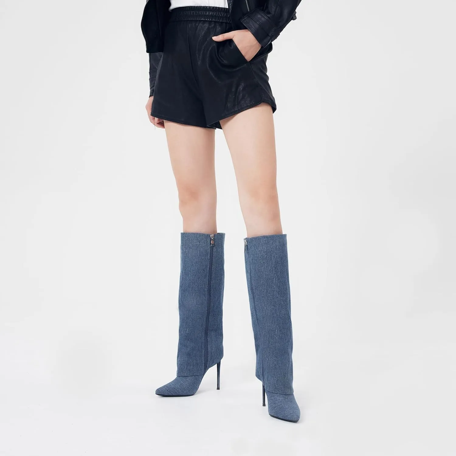 Elisabet Tang Fold Over Knee High Shark Slouchy Leather Boots for Women Pointed Toe high heel Tall Long Patent Dress Boots Fashion Dressy Winter Work