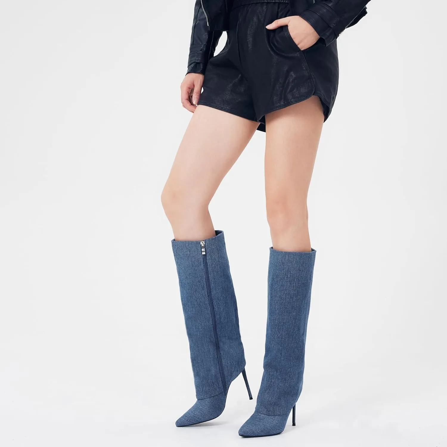 Elisabet Tang Fold Over Knee High Shark Slouchy Leather Boots for Women Pointed Toe high heel Tall Long Patent Dress Boots Fashion Dressy Winter Work