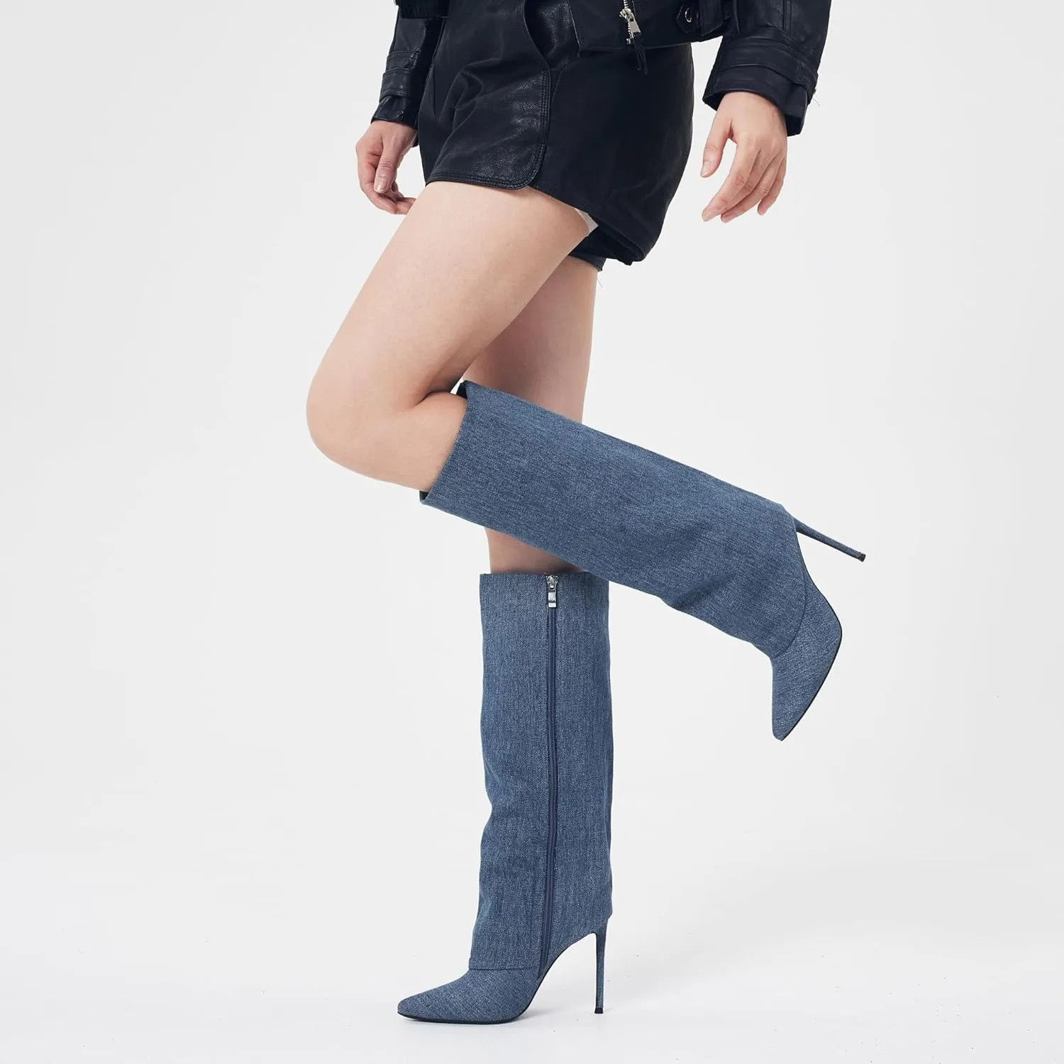 Elisabet Tang Fold Over Knee High Shark Slouchy Leather Boots for Women Pointed Toe high heel Tall Long Patent Dress Boots Fashion Dressy Winter Work