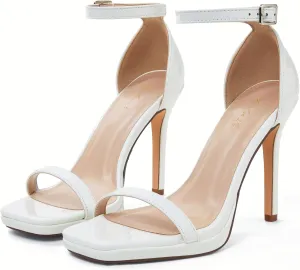 Elisabet Tang Women's 4.3 Inch Platform High Heeled Sandals Strappy Stiletto Open Square Toe Heel with Ankle Strap at Wedding Party Prom Work Dating