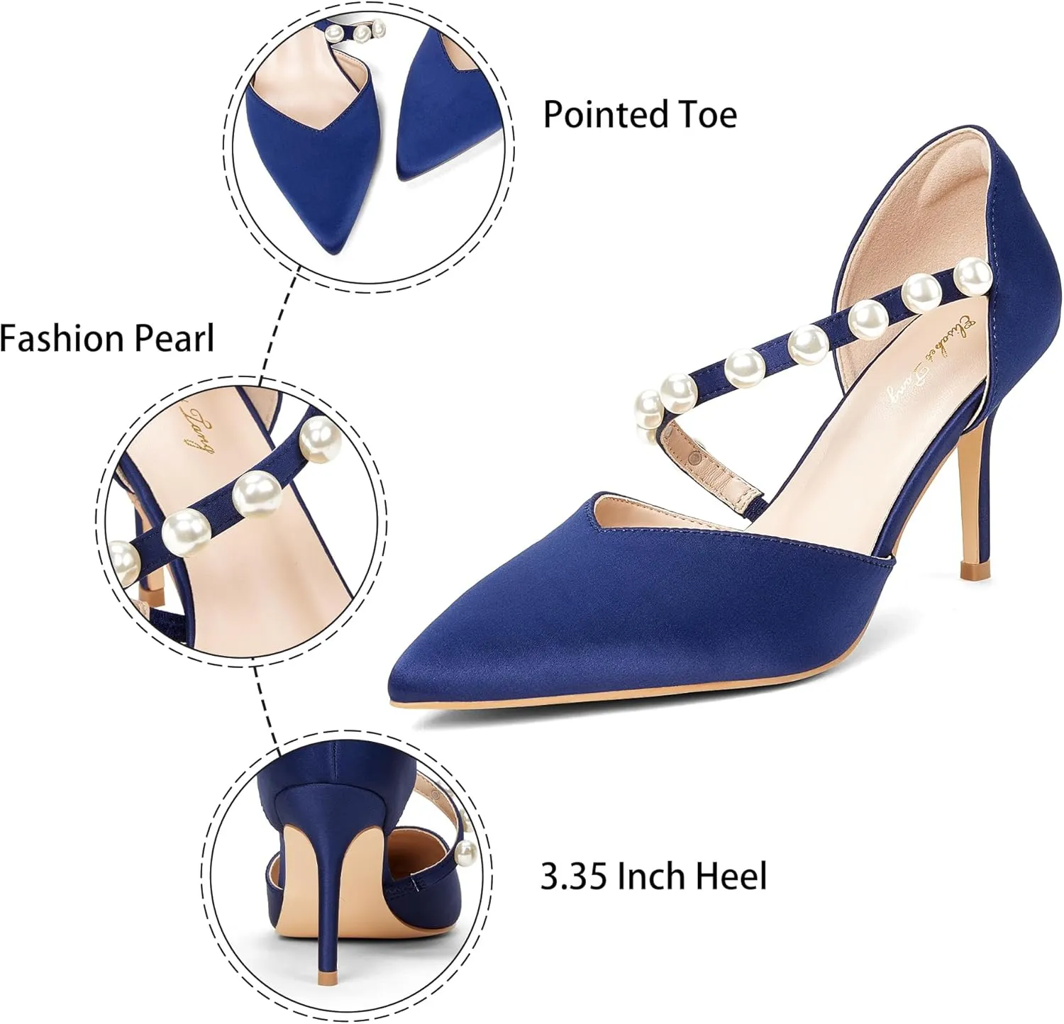 Elisabet Tang Women's Closed Pointed Toe Heels with Pearl Stiletto Pumps D'Orsay Wedding Bridal Party Women Sexy High Heel Dress Shoes