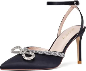 Elisabet Tang Women's High Heel Pumps,Rhinestone Strip Bowknot Ankle Buckle Straps Heels Stiletto Sandals Suede Pointed Closed Toe Strappy Heels Pumps Wedding Dress Shoes