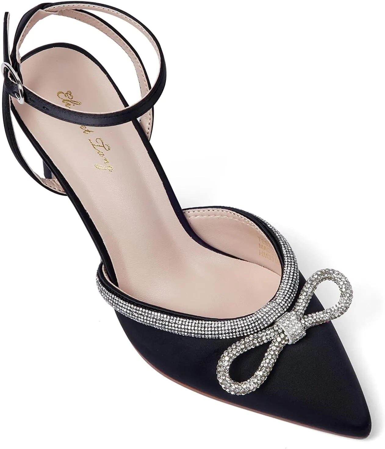Elisabet Tang Women's High Heel Pumps,Rhinestone Strip Bowknot Ankle Buckle Straps Heels Stiletto Sandals Suede Pointed Closed Toe Strappy Heels Pumps Wedding Dress Shoes