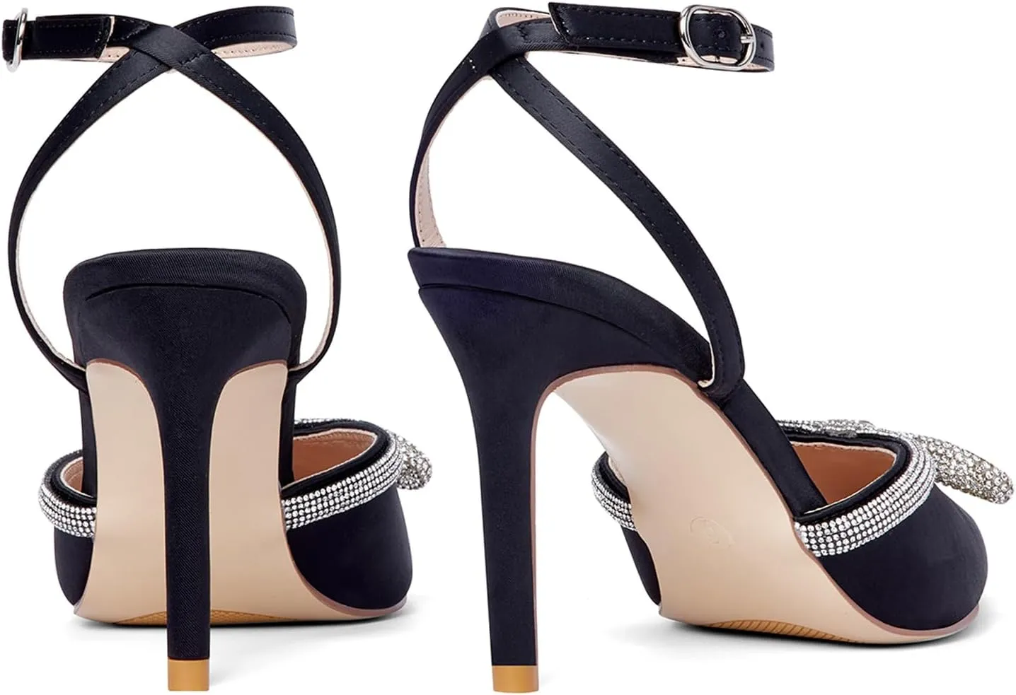 Elisabet Tang Women's High Heel Pumps,Rhinestone Strip Bowknot Ankle Buckle Straps Heels Stiletto Sandals Suede Pointed Closed Toe Strappy Heels Pumps Wedding Dress Shoes