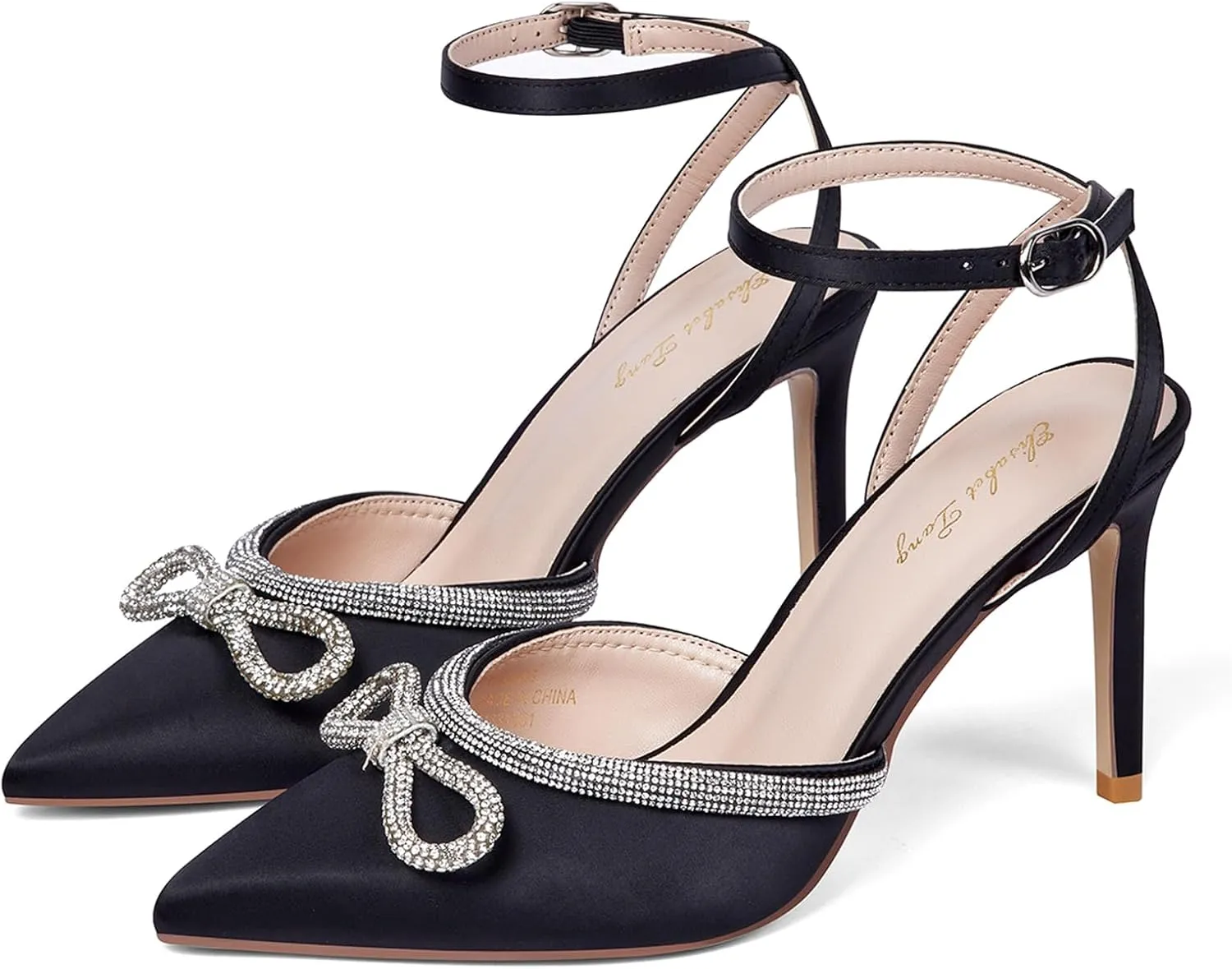 Elisabet Tang Women's High Heel Pumps,Rhinestone Strip Bowknot Ankle Buckle Straps Heels Stiletto Sandals Suede Pointed Closed Toe Strappy Heels Pumps Wedding Dress Shoes