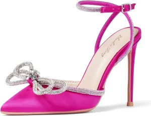 Elisabet Tang Women's High Heel Pumps,Satin Rhinestone Bowknot Lace Up Sandals Pointed Toe Ankle Buckle Straps Pump Stiletto Sandals