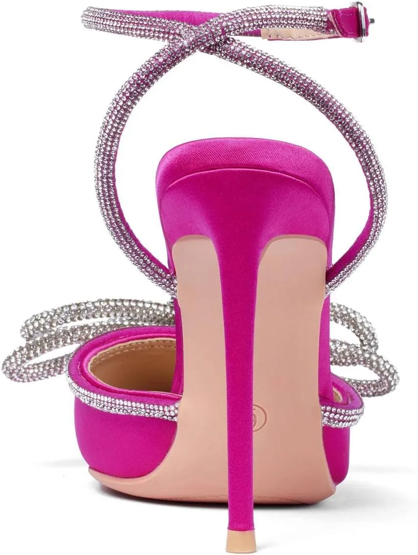 Elisabet Tang Women's High Heel Pumps,Satin Rhinestone Bowknot Lace Up Sandals Pointed Toe Ankle Buckle Straps Pump Stiletto Sandals